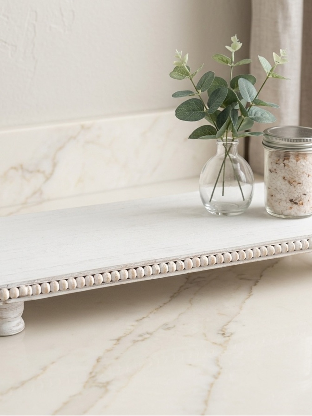 Mud Pie WhitewashedFarmhouse Beaded Wood Riser-Rustic Pedestal Tray Stand